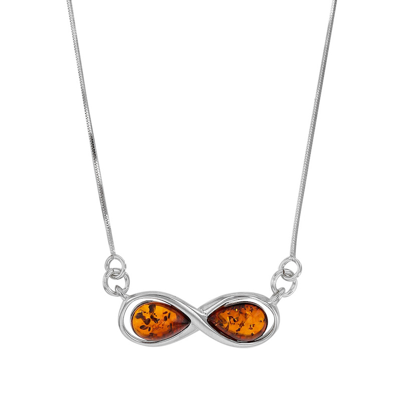 Collier infini en argent 925/1000 rhodié orné d'ambre cognac