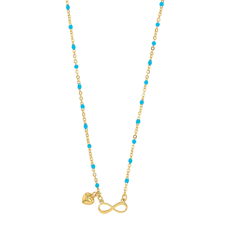 Collier infini et coeur bombé, chaîne boules émail bleu ciel, argent 925/1000 doré