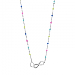 Collier infini et coeur entrelacés, chaîne boules émail de couleurs, argent 925/1000 platiné
