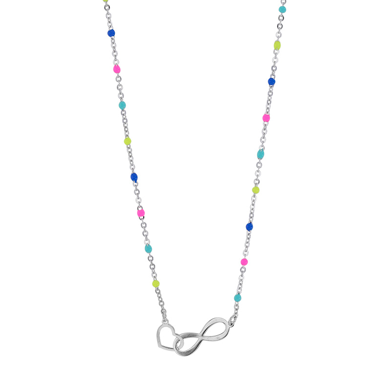 Collier infini et coeur entrelacés, chaîne boules émail de couleurs, argent 925/1000 platiné