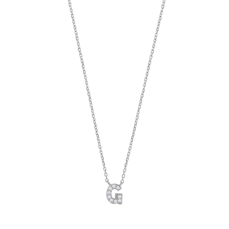 Collier initiale G ornée d'oxydes, argent 925/1000 rhodié