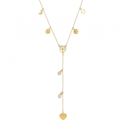 Collier lasso à pampilles, arbre de vie, coeur, lune et autres, Or 750/1000 et oxydes