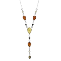 Collier lasso ambre cognac, miel et gris taille poire, argent 925/1000 rhodié