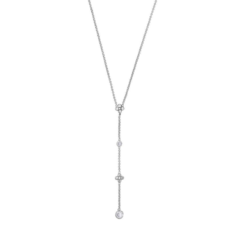 Collier lasso 2 fleurs et 2 oxydes maille forçat, argent 925/1000 rhodié