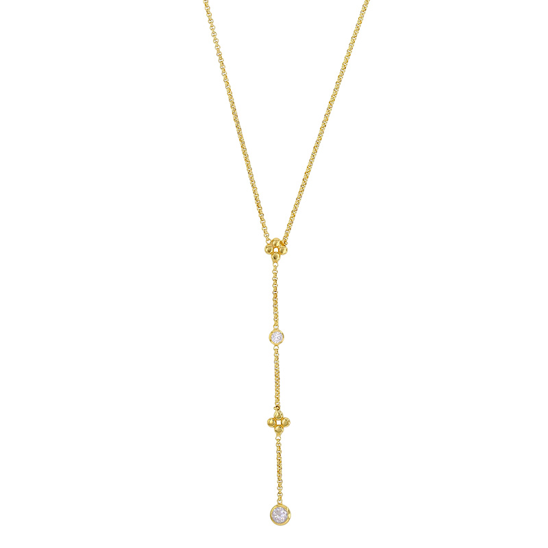 Collier lasso 2 fleurs et 2 oxydes maille forçat, argent 925/1000 rhodié