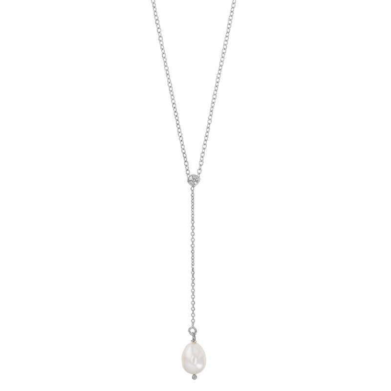 Collier lasso orné d'une perle de culture d'eau douce, argent 925/1000 platiné