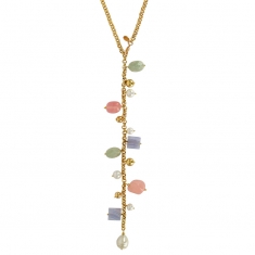 Collier lasso orné de perles cristal de couleurs et de perles de Majorque en laiton doré