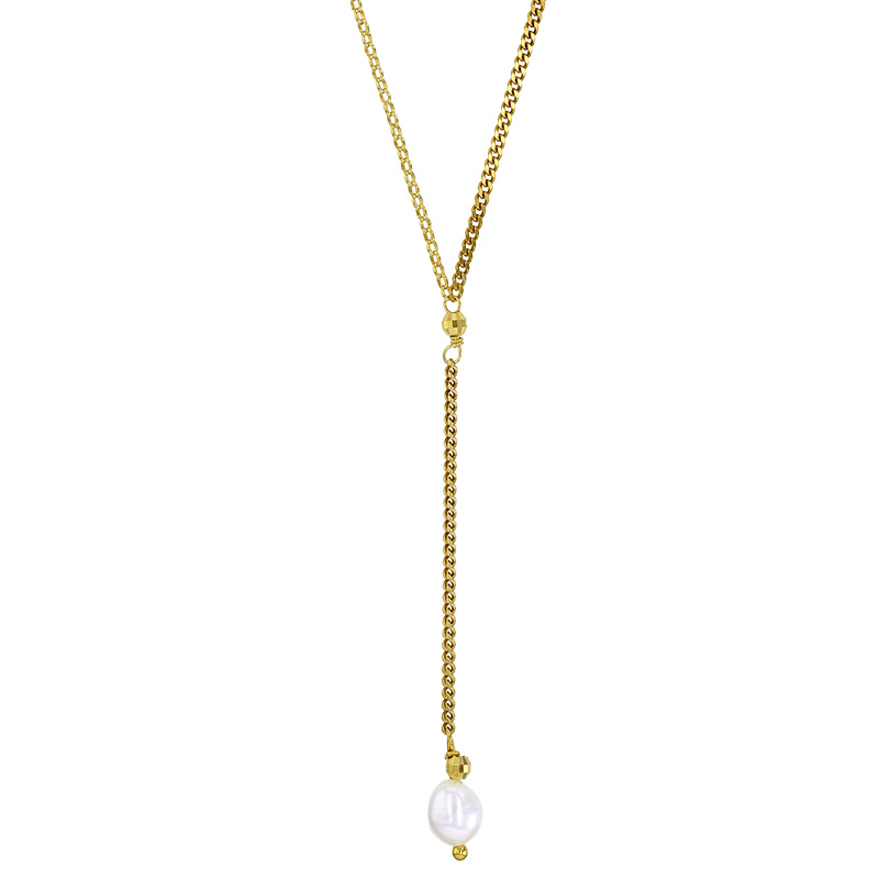 Collier lasso perle de culture d'eau douce, maille gourmette et jaseron, argent 925/1000 doré
