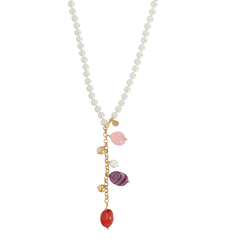 Collier lasso quartz rose, perles en cristal, perles d'imitation blanches et laiton doré