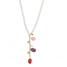 Collier lasso quartz rose, perles en cristal, perles d'imitation blanches et laiton doré