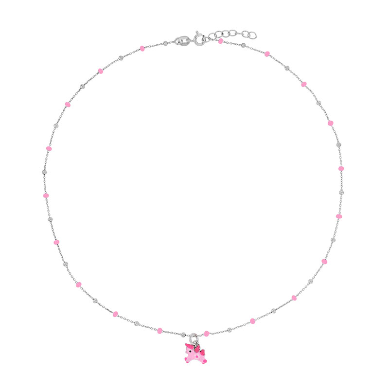 Collier licorne, boules émaillées rose, argent 925/1000 rhodié