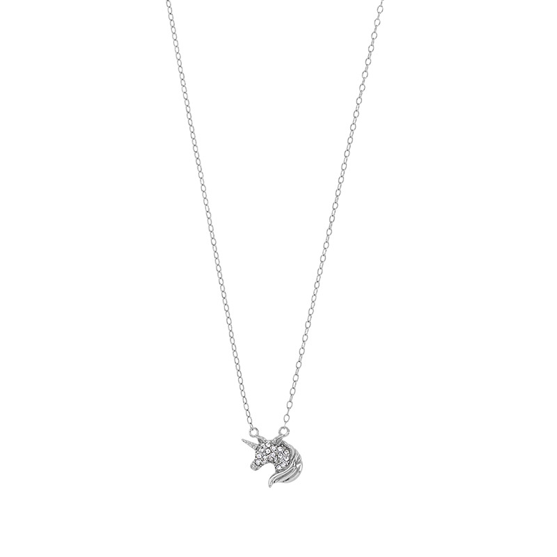 Collier licorne ornée de cristaux blancs, argent 925/1000 rhodié