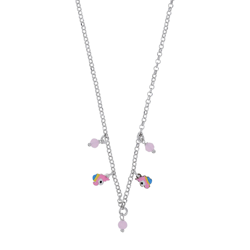 Collier 2 licornes émail rose et perles de verre rose pâle argent 925/1000 rhodié