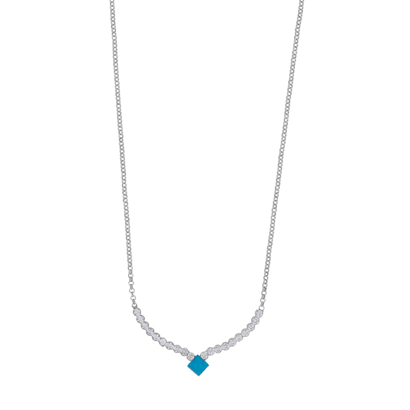 Collier losange émail turquoise et oxydes, argent 925/1000 platiné