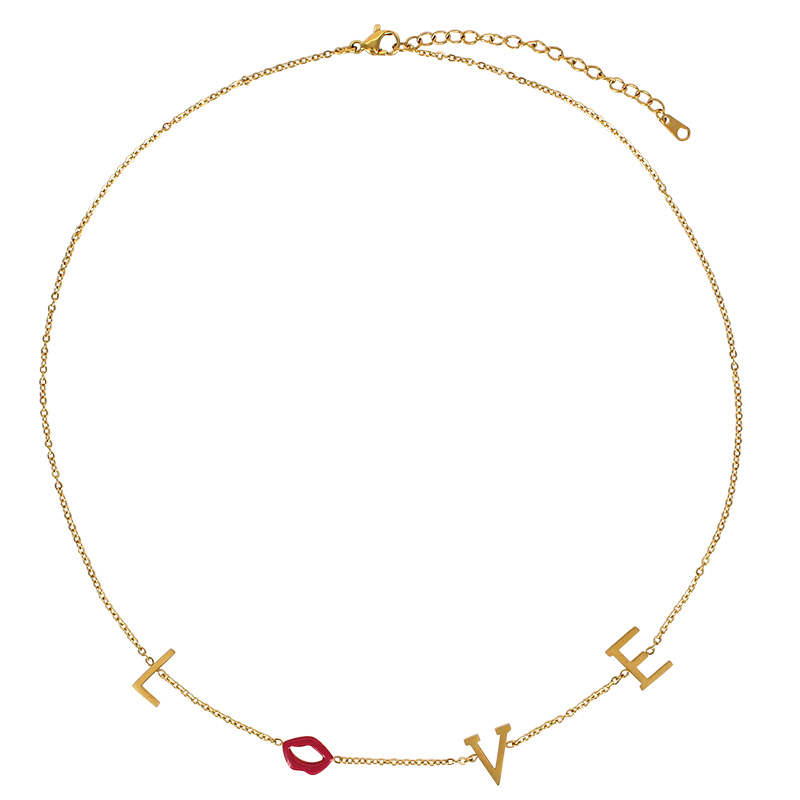 Collier LOVE avec lettre et bouche émail rouge, acier doré