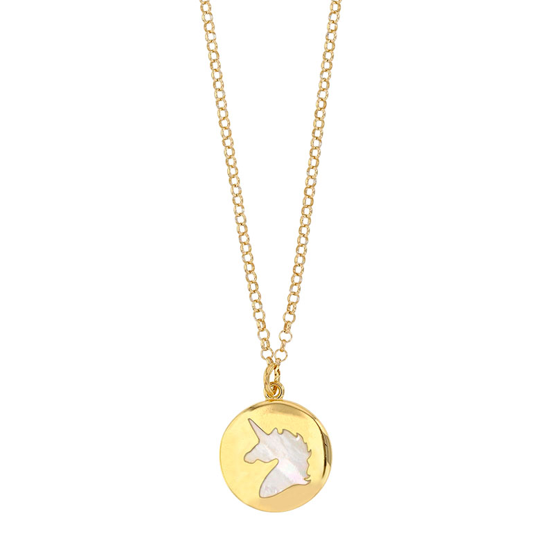 Collier MADRE PERLA en argent 925/1000 doré et licorne en nacre dans un rond