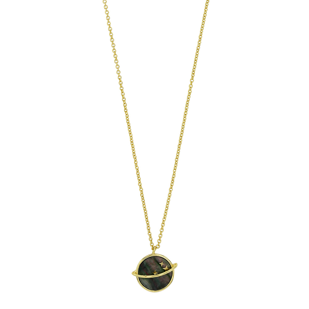 Collier MADRE PERLA en argent 925/1000 doré planète Saturne en nacre noire avec étoiles dorées