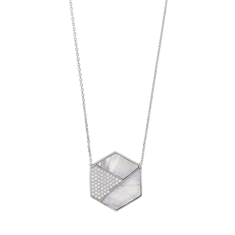 Collier MADRE PERLA hexagone en Argent rhodié 925/1000 avec oxydes de zirconium et nacre