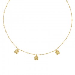 Collier maille boule, 3 fleurs ciselées en pampille, argent 925/1000 doré