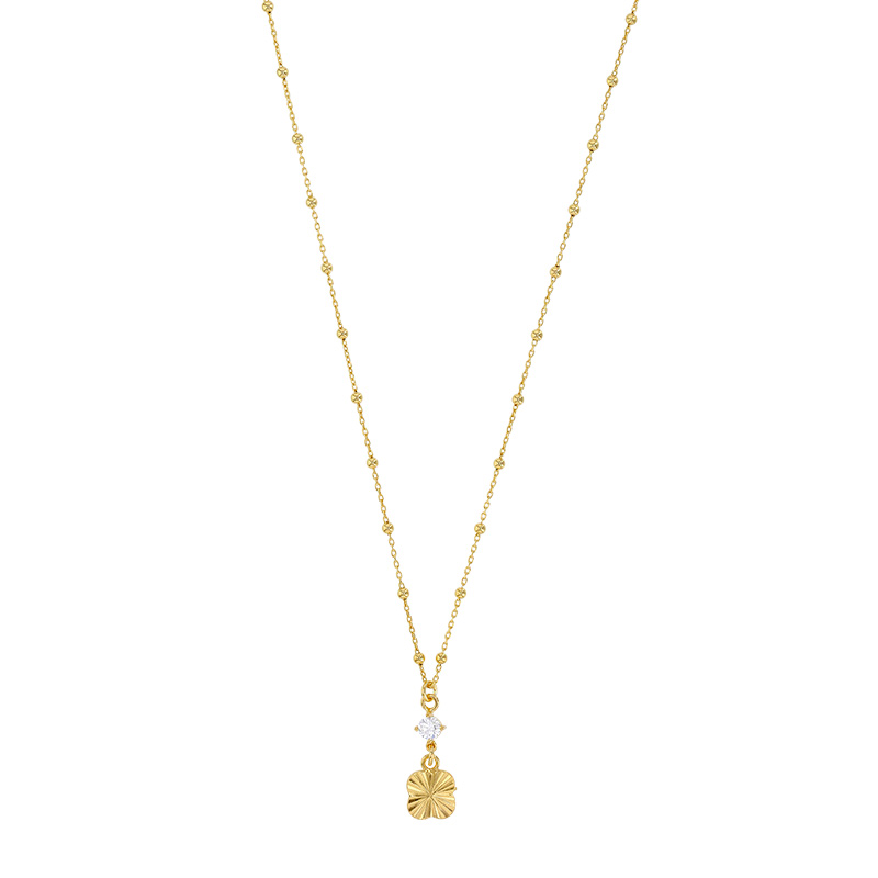 Collier maille boule avec un carré ciselé et un oxyde, argent 925/1000 doré