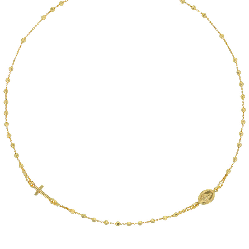 Collier maille boule avec une croix et une médaille Vierge Marie en argent 925/1000 rhodié