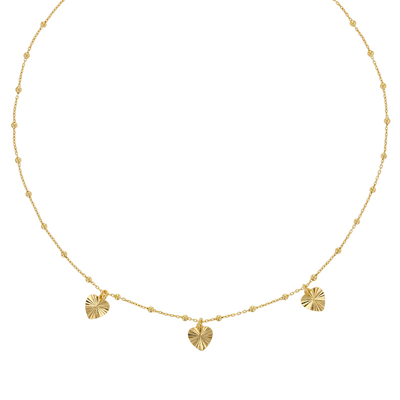 Collier maille boule, 3 coeurs ciselés en pampilles, argent 925/1000 doré