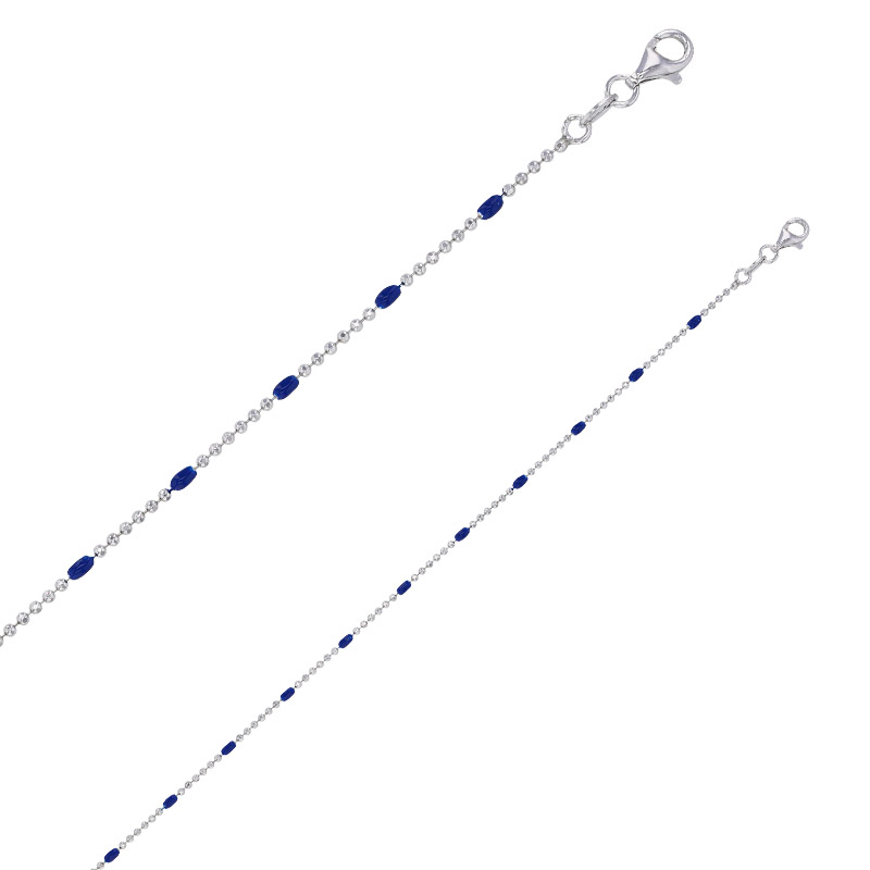 Collier maille boule diamantée, émail bleu marine argent 925/1000 rhodié