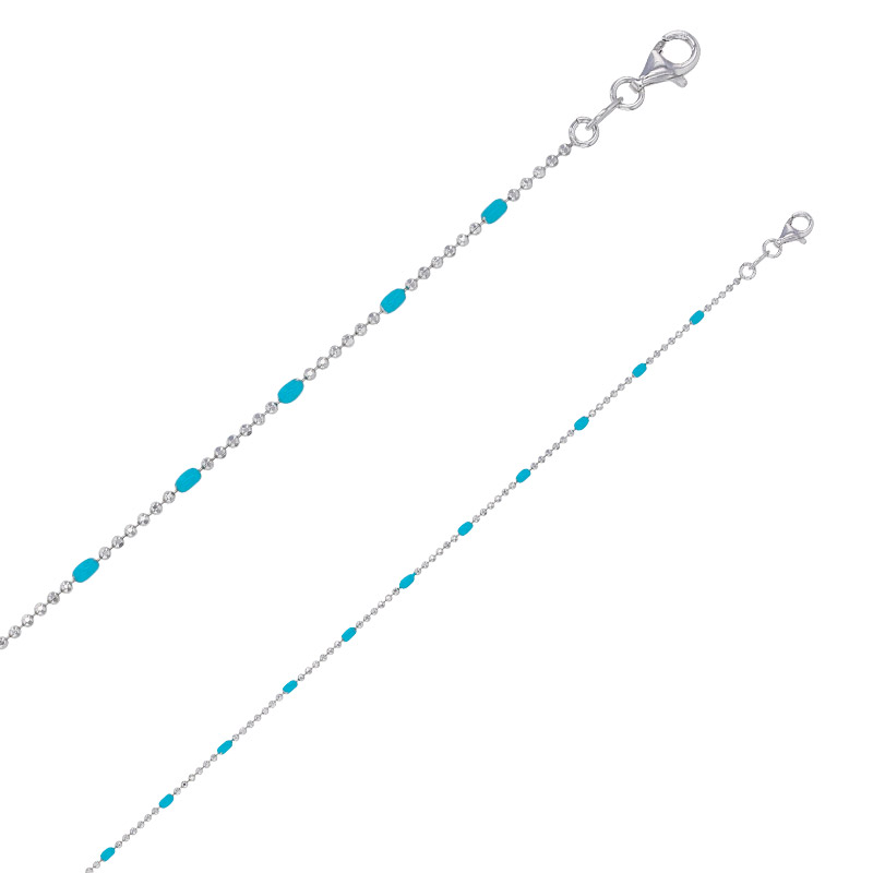 Collier maille boule diamantée, émail bleu turquoise argent 925/1000 rhodié