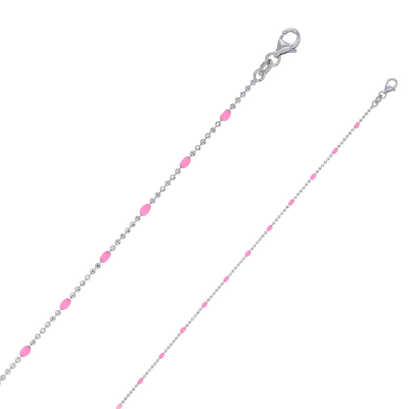 Collier maille boule diamantée, émail rose argent 925/1000 rhodié