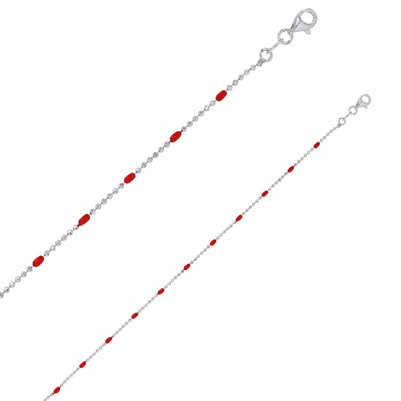 Collier maille boule diamantée, émail rouge argent 925/1000 rhodié