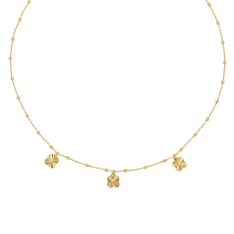 Collier maille boule, 3 fleurs ciselées en pampille, argent 925/1000 doré
