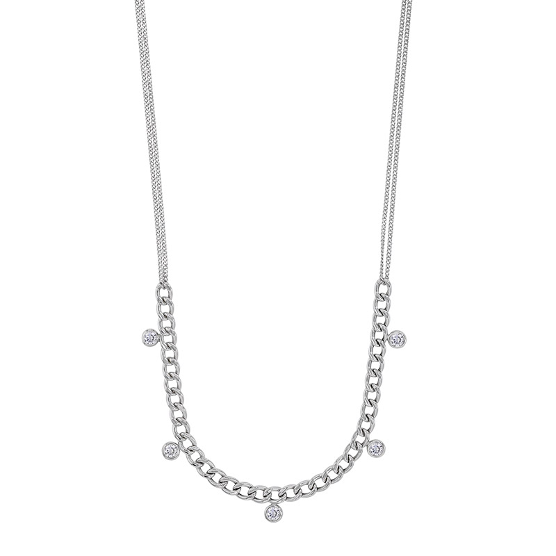 Collier maille gourmette, oxydes ronds, double chaîne argent 925/1000 platiné