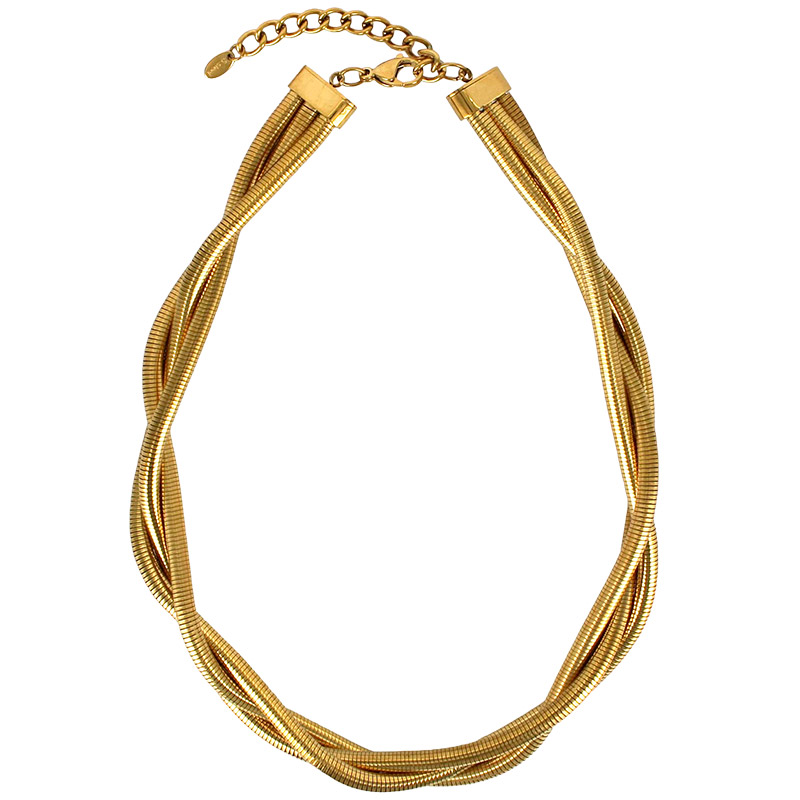 Collier maille oméga torsadée fermoir menotte, en acier doré