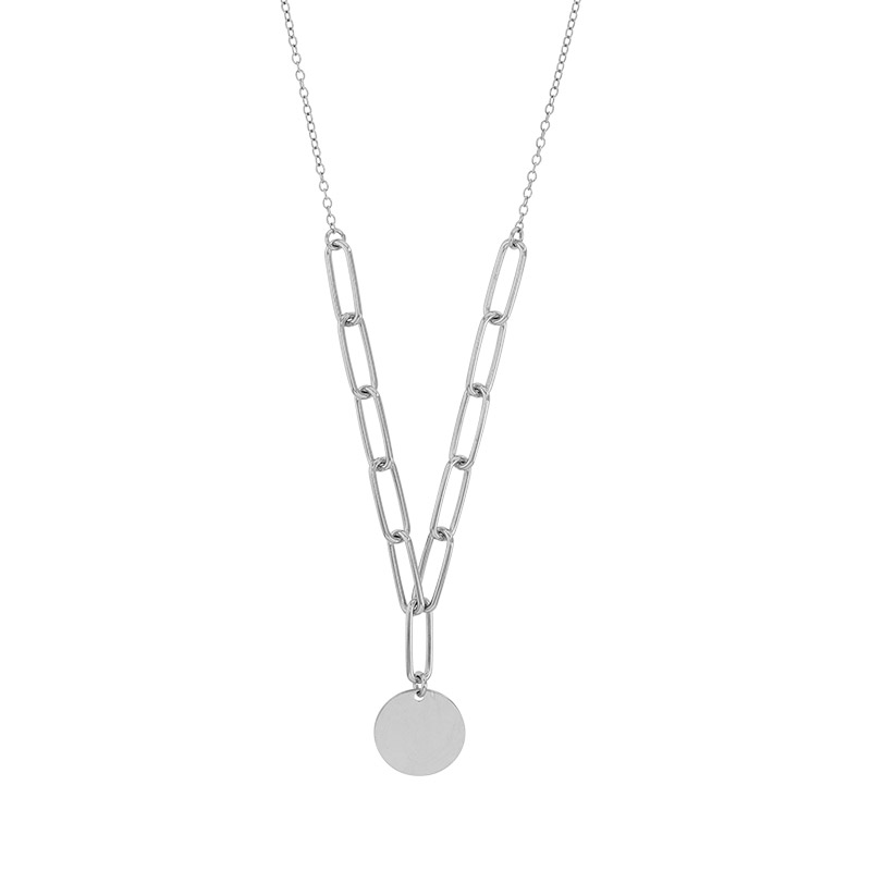 Collier maille ovale orné d'un rond aspect lisse, argent 925/1000 platiné