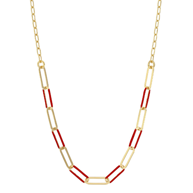 Collier mailles allongées, émail rouge, argent 925/1000 doré