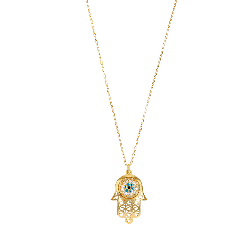 Collier main de Fatma avec oeil orné d’oxydes, Or 375/1000