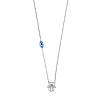 Collier main de Fatma et oeil émail bleu, argent 925/1000 platiné