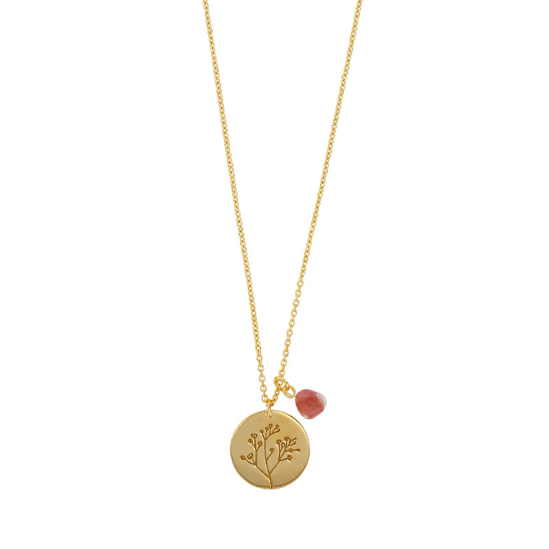 Collier médaille feuillage gravé, pierre Tourmaline rose, argent 925/1000 doré