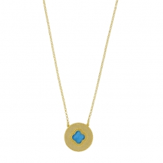 Collier médaille perlée trèfle en Oeil de chat bleu, argent 925/100 doré