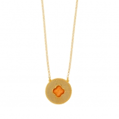 Collier médaille perlée trèfle en Oeil de chat bleu, argent 925/100 doré