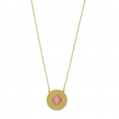 Collier médaille perlée trèfle en Oeil de chat bleu, argent 925/100 doré