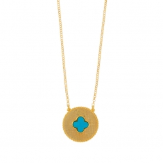 Collier médaille perlée trèfle en Oeil de chat bleu, argent 925/100 doré