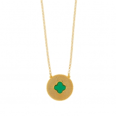 Collier médaille perlée trèfle en Oeil de chat bleu, argent 925/100 doré