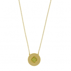 Collier médaille perlée trèfle en Oeil de chat bleu, argent 925/100 doré
