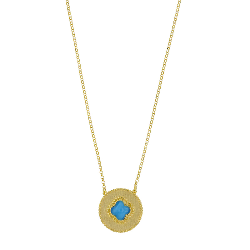 Collier médaille perlée trèfle en Oeil de chat bleu, argent 925/100 doré