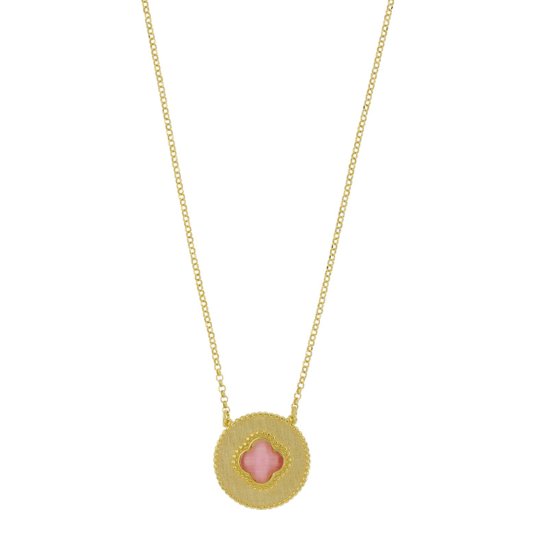 Collier médaille perlée trèfle en Oeil de chat bleu, argent 925/100 doré