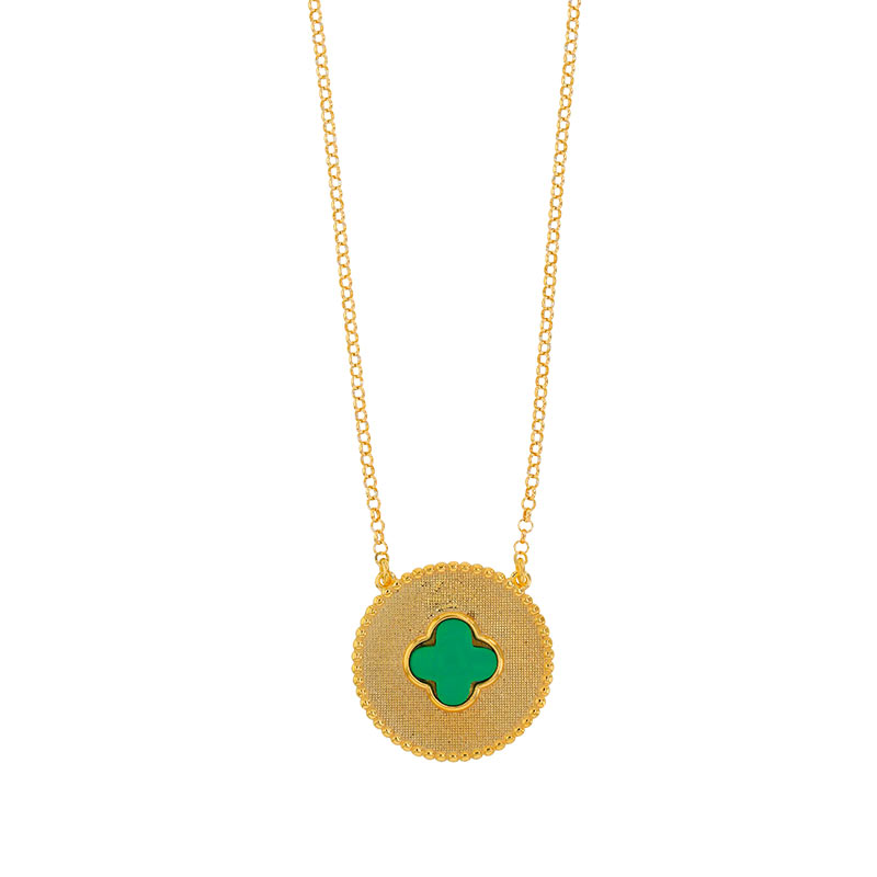 Collier médaille perlée trèfle en Oeil de chat bleu, argent 925/100 doré
