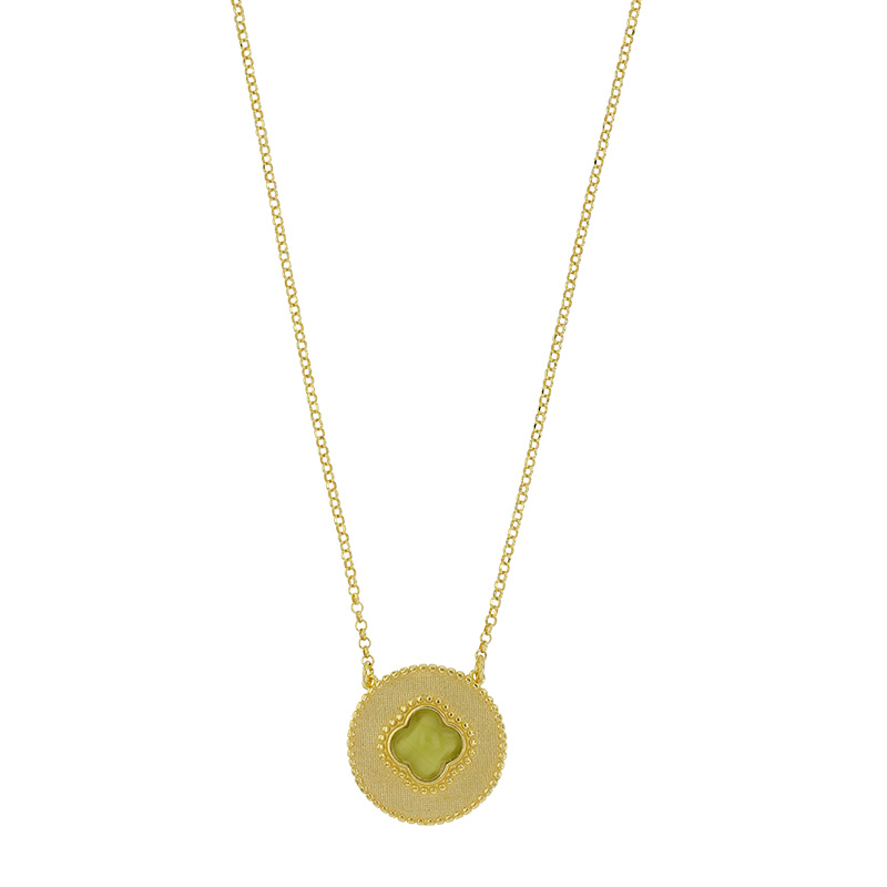 Collier médaille perlée trèfle en Oeil de chat bleu, argent 925/100 doré