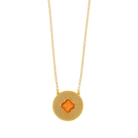 Collier médaille perlée trèfle en Oeil de chat bleu, argent 925/100 doré
