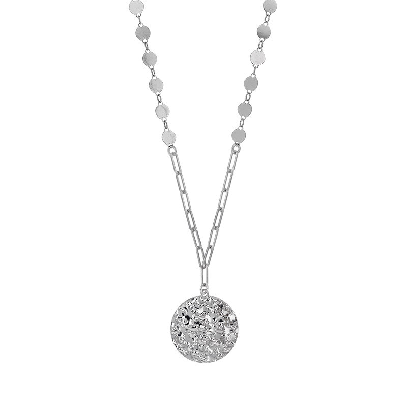 Collier médaille ronde martelée en argent 925/1000 rhodié